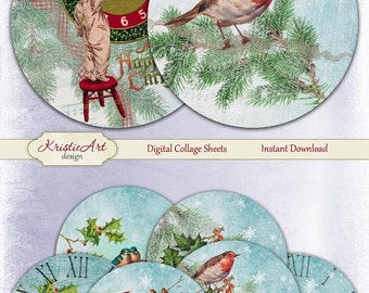 75% OFF SALE Happy New Year - Digital Collage Sheet - Digital cards C193 printable download Christmas tags digital round Winter atc card