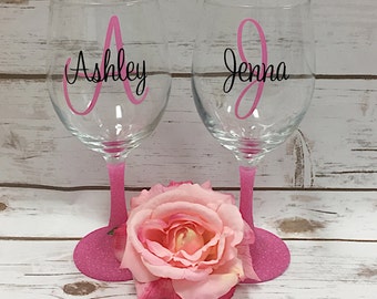 Glittered Stem Wine Glass, Glitter Wine Glass, Personalized Wine Glass, Monogrammed Wine Glass, Bridesmaid Gift, Bacheorette Party, Sorority