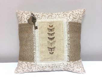 Pillow - Handmade Decorative Burlap Stenciled Pillow - Butterfly Pillow