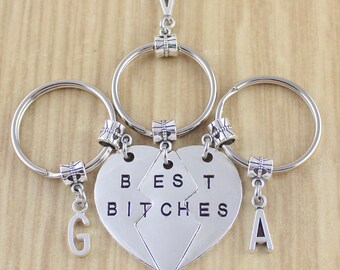 SRA HFA Set of 3 Best Bitches Keychain-Best Friend Keychain For 3 Broken Heart Keychains-Three Best Friend Keychains-Initials Key Rings