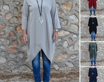 Lagenlook Plus Size Dress, Ladies Asymmetric hem, Womens Tunic Top, Quality Cotton, Casual Tunic, Black, Navy Blue, Khaki,Purple, Wine 8764