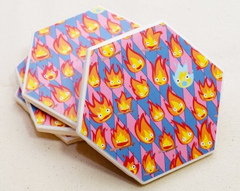 Calcifer Hexagon Coaster | Single Coaster | Ghibli Ceramic Tile Coaster | Geeky Housewarming Gift | Howl's Moving Castle Calcifer Gift Idea