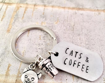 Cats and Coffee keyring, But First...Coffee, Coffee cup Keyring, planner keychain, backpack charm, Kitschy, Geekery, Cat charm keychain