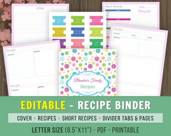 Editable Recipe Book Binder, Letter Size, Planner Pages, Cook Book, Editable Recipe Book, Recipe Binder Printable,Recipe Kit, Kitchen Book
