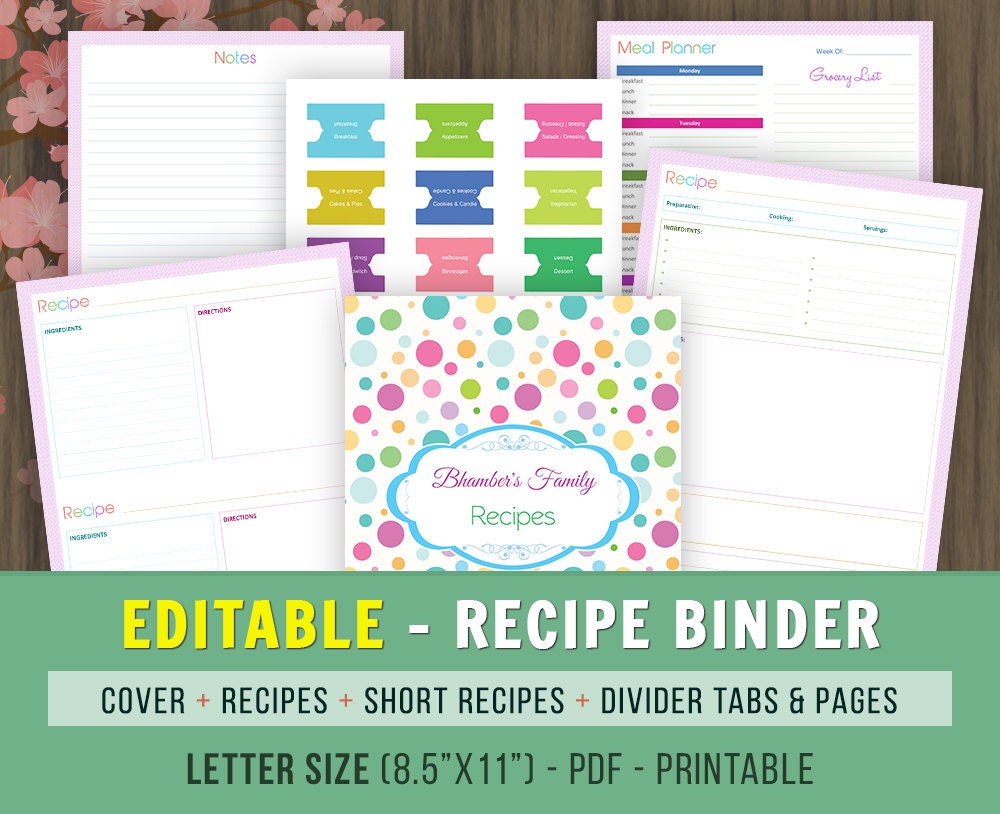 Editable Recipe Book Binder Letter Size Planner Pages Cook