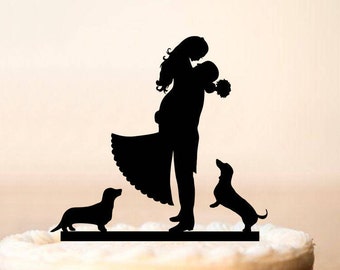 Bride and Groom Silhouette,Wedding cake toppers with dogs,Mr and Mrs cake topper with dogs,Silhouette cake topper,Wedding cake topper (0108)