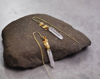 Gold earrings, long earrings, boho earrings, wire wrapped earrings, raw crystal earrings, threader earrings, wire wrap crystal earrings gift