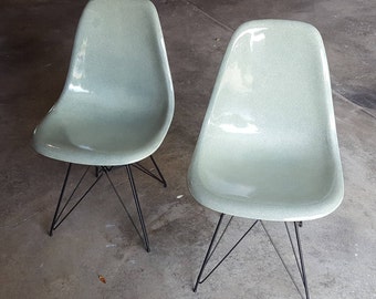 SOLD Pair of Mid Century Modern Seafoam Green Herman Miller Eames Side Chairs: Original Eiffel Bases, 1950s