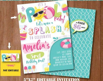 Pool Party Invitation-Self-Editing Printable Pool Birthday Invite-Summer Party-Pool Slide-splash Party-First Birthday-Any age-A131-G
