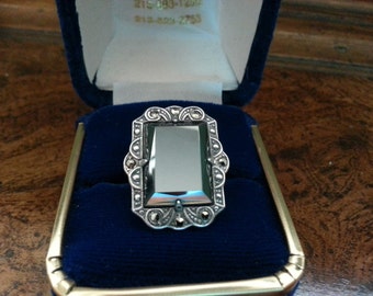 Vintage UNCAS Art Deco Sterling Silver, Hematite & Marcasite Ring - Size 4 1/4