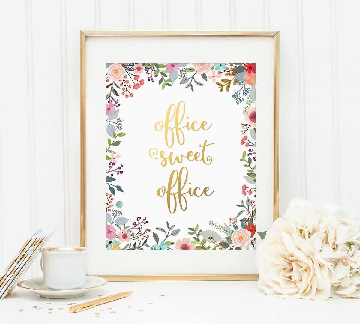 Gold Letter Print Office Sweet Office Floral Office Decor