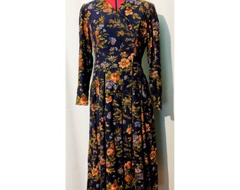 Laura Ashley Blue Corduroy Floral Print Dress