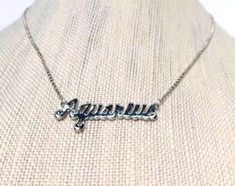 Aquarius Zodiac Silver Necklace, Silver Zodiac Necklace, Zodiac Name Plate, Delicate Layered Necklace , Layered Necklace, 80's Throwback