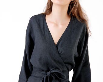 Linen Blouse, Charcoal Linen Wrap Top, Kimono Linen Top, Linen Tops for Woman, Linen Wrap, Linen Kimono blouse, Wrap Linen Clothing