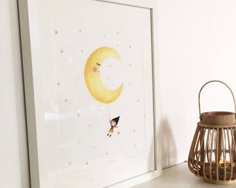 Illustration-Aquarelle-tirage d'art-affiche-décoration chambre d'enfants-décroche-moi la lune-étoiles-Ninon-rêve-nuit-jaune