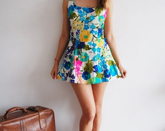 Vintage 60s Bright Floral Dress Skort UK 12/14