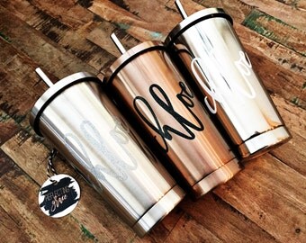 Stainless Steel Tumbler with Straw|Stainless Steel Cold Cup|Monogrammed Tumbler|Bridal Party Water Bottle|Cocktail Water Bottle|Vacation