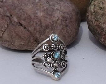 Silver Plated Adjustable Ring with Blue Swavorski Crystals