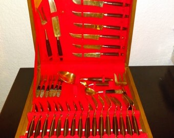 Mid-Century Teak Wood and Brass 36 Piece Thai Flatware Set ~ Siam ~ Jimmy Jewelry