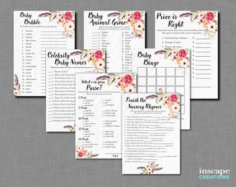 Boho Baby Shower Games Package, 7-Games MEGA Bundle, Bohemian Baby Shower Games, Rustic Feathers Country Bingo, Purse Game, Nursery Rhyme