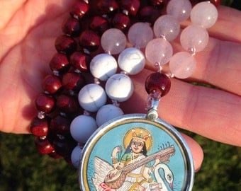 Saraswati Devi mala | Creativity & flow | JAPA Mala. Rose Quartz | Howlite | Hindu goddess of the arts and music. Yoga jewelry