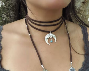 Bohemian Wrap Necklace, Choker Necklace, Native American Jewelry, Brown Turquoise Suede Necklace, Crescent Moon Necklace, Bohemian Jewelry