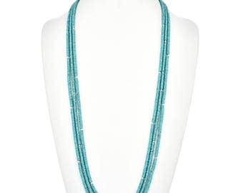 Navajo Turquoise Silver Beaded Necklace Three Strands 35" Long Native American Jewelry