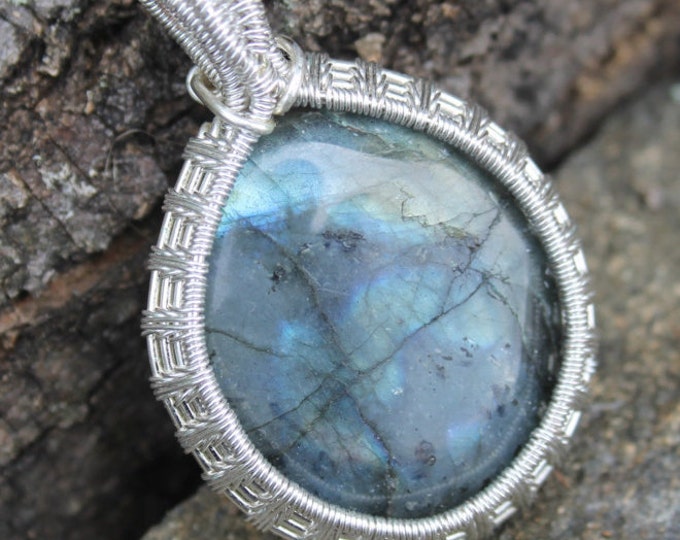 Labradorite w/ Fern Leaf Wire Wrap; Blue Iridescent Wire Weave Stone Jewelry w/ Flashy Yellow Gold, Colorful Large Pendant w/ Double Bail,