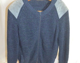 Vintage Brenire Hand Framed Wool Zipper Front Sweater with Shoulder and Elbow Patches - Size Extra Large