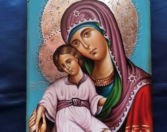 Handgefertigte Griechisch-orthodoxe Ikone - Jungfrau Maria Auf Holz 13x9cm