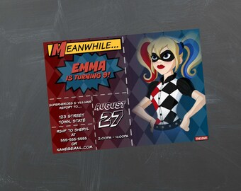 DC Superhero Girls - Harley Quinn - Birthday Party Invitation - Custom Invitation