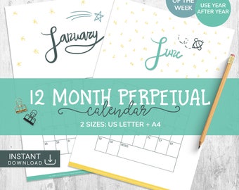 Perpetual Calendar, Wall Calendar, Printable Calendar, Hand Drawn Calendar, Yearly Wall Calendar, Monthly Calendar, Hand Lettered Calendar