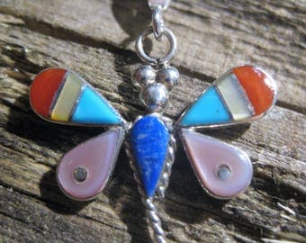 sterling ZUNI inlay DRAGONFLY PENDANT & sterling box necklace, you choose length. Turquoise, mother of pearl shell, red coral, lapis lazuli.