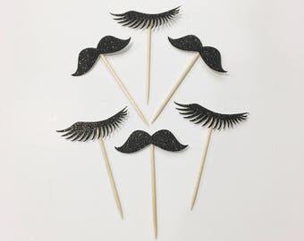 Staches or Lashes Toppers Gender Reveal Party Baby Shower Boy or Girl Mustache Baby Reveal Pink or Blue Gender Reveal Decor Eyelashes