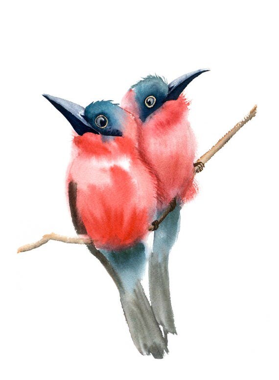 Red Birds watercolor print Birds painting art Birds room