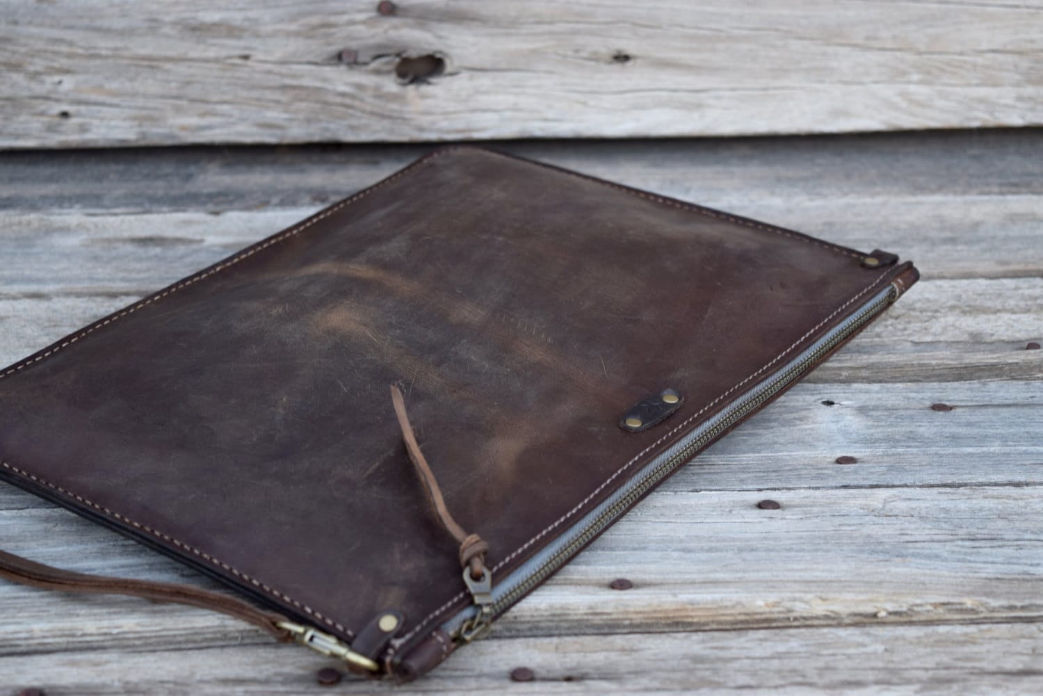 Leather Portfolio / Unisex / Mens Zipper Bag / Brown Leather