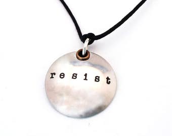 RESIST NECKLACE - Sterling Silver Domed Resist Jewelry - Political Necklace - Protest Jewelry - Adjustable Cotton Cord Necklace - Free Ship