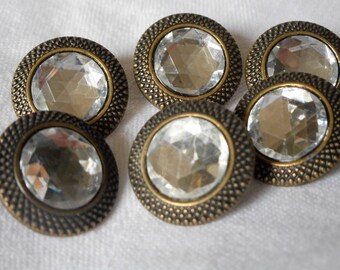 Set of 4 VINTAGE Clear Plastic Rhinestone in Metal BUTTONS