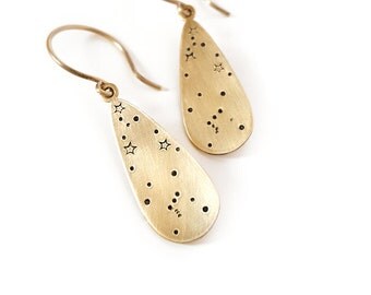 Orion Earrings, Constellation Jewelry, Small Teardrop Earrings, Brass, Stars, Gift for Her