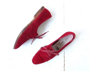 Vintage Suede Oxfords | 1960s Shoes | Rust Red | Lace Up Flats | Size 7