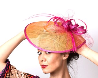 SALE! Orange Coral Fascinator Kentucky Derby hat pink fuchsia accents headband fascinator hat MALIKA SUNSET