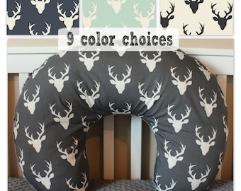 Buck Forest Boppy Cover - Nursing Pillow Cover in Grey, Navy, Mint, Black, Deer Head Silhouette Woodland Baby Boy or Girl