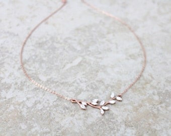 Bridesmaid necklace, Rose gold necklace, Wedding jewelry, Bridal necklace, Crystal necklace, Leaf necklace, Layering necklace, Simple