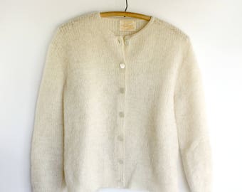 Vintage Mohair Sweater Cardigan Ladies Cream Button Front Alberic Brand Mid Century Fashion
