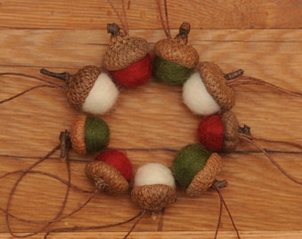 Felted Wool Acorns Ornaments in Red Green & White, also available without hangers
