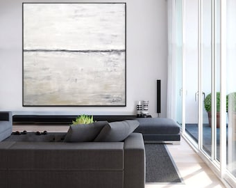 Minimalist White Painting LARGE Abstract Art Contemporary Modern Art Gray Taupe Black and White Landscape Huge Oil Painting by Sky Whitman