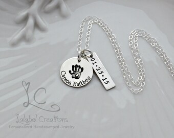 Sterling Silver Baby Name Necklace, Birth date Necklace, Personalized Necklace, Hand Stamped Jewelry, New Mom Necklace with Kids Names