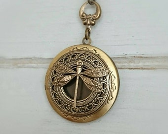 Dragonfly Locket Necklace - antique brass locket.