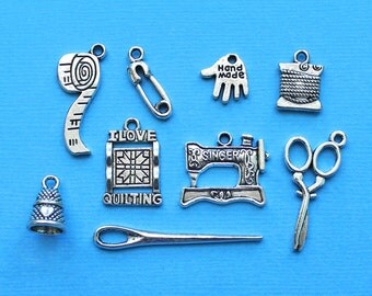 Quilting Charm Collection Antique Silver Tone 9 Different Charms - COL003