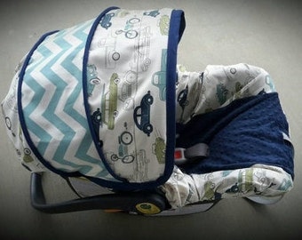 Baby Boy seat cover/ Retro Cars with Chevron accents and navy minky - Infant car seat cover - Custom order